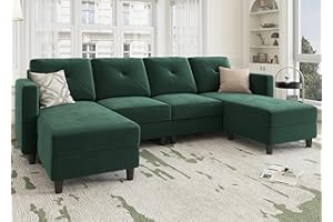 HONBAY U Shaped Sectional Sofa Convertible Couch with Double Chaises 4 Seat Sofa with Two Ottomans, Velvet Green