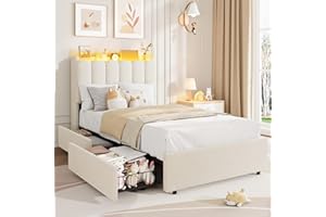 LED Twin XL Bed Frame with Storage Headboard, Kids Bed Frame with 2 Drawers, Boucle Upholstered Platform Bed for Girls, Chic 