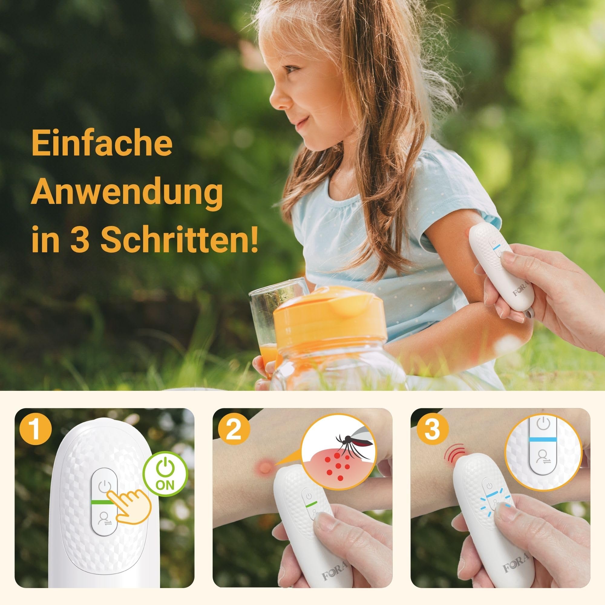 FORA 2‑in‑1 Insektenstichheiler für Kinder ab 3 J. inkl. 24 Mückenpflaster – Chemiefreier Stichheiler zur schnellen Linderung von Juckreiz & Schwellung bei Mückenstichen, ideal für unterwegs 3