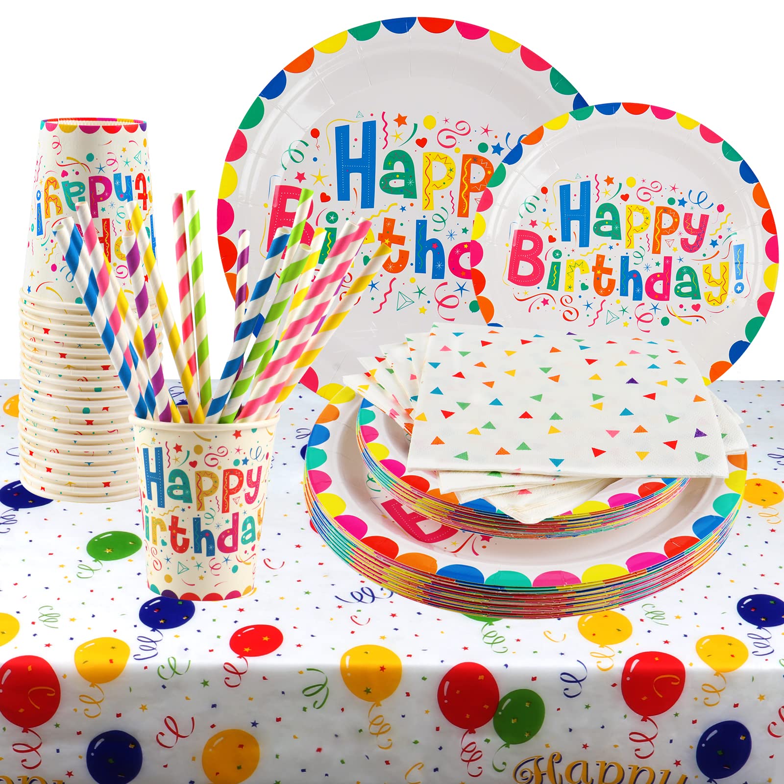 101Pcs Rainbow Birthday Party Tableware Set Party Paper Plates Cups Napkins Tablecloth Straws Rainbow Birthday Party Supplies Decorations for 20 Guests
