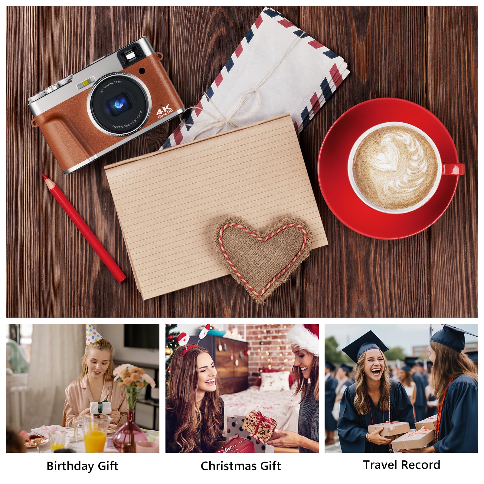 4K Digital Camera, Photography Autofocus 48MP YouTube Vlogging Camera, 16X Digital Zoom Video Camera Anti-Shake with 32GB Micro Card, Compact Point and Shoot Travel Cameras for Gifts(Brown)