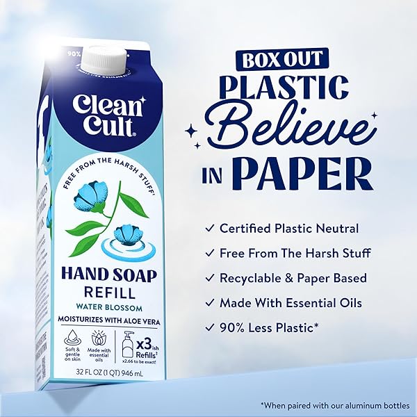 CLEANCULT LIQUID HAND SOAP REFILL – WATER BLOSSOM – MOISTURIZES DRY & SENSITIVE SKIN – MADE WITH ALOE VERA & ESSENTIAL OILS – ECO FRIENDLY – PAPER-BASED PACKAGING – 32 OZ/1 PACK