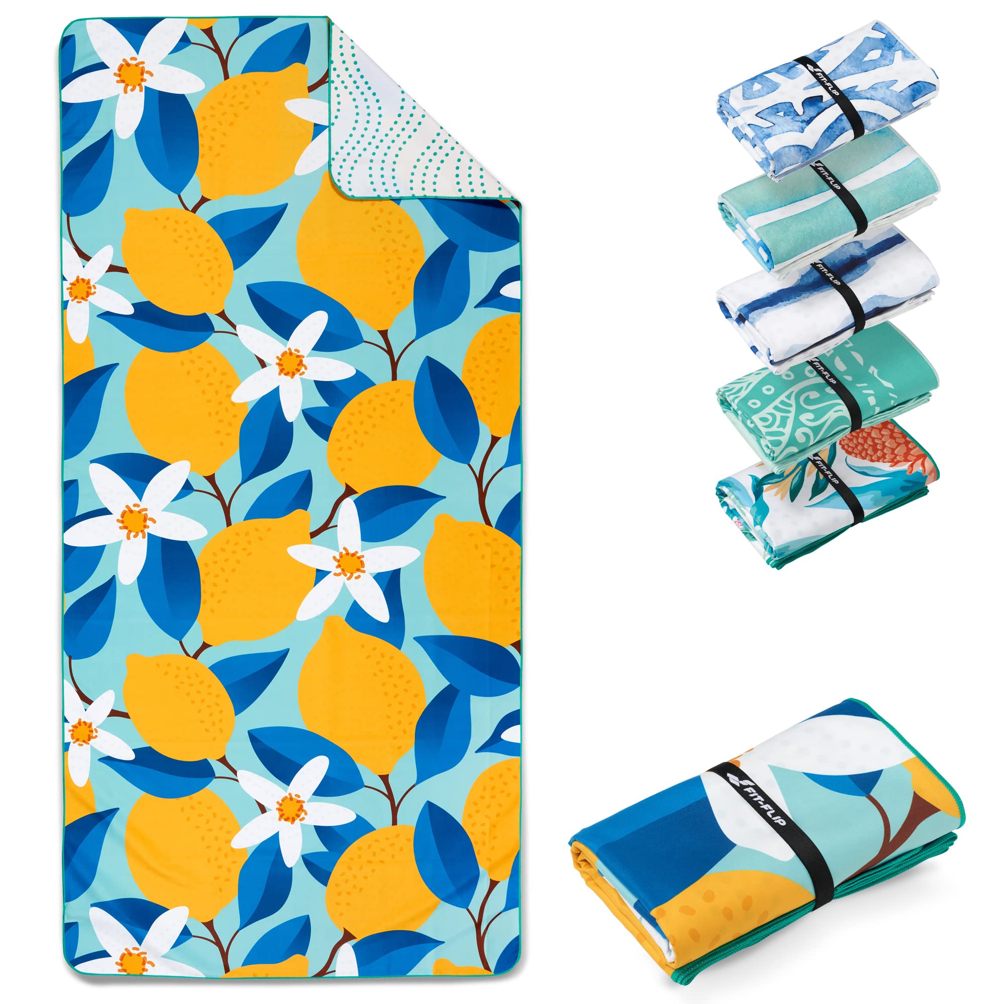 Fit-Flip Beach towel microfibre - large quick dry towels - for travel and swimming - lightweight, compact and super absorbent - sand free, 100% recycled - Lemon Flowers 160x90cm