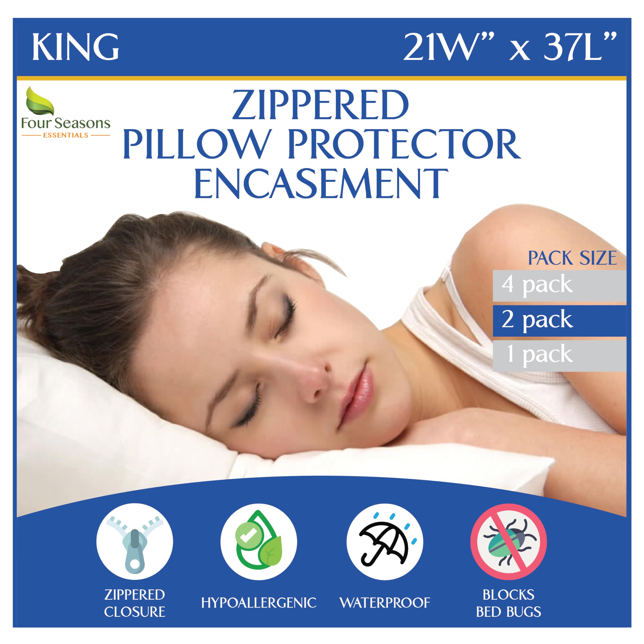 Photo 1 of Four Seasons Essentials Waterproof King Pillow Protectors (Set of 2) – Zippered Pillow Cover Hypoallergenic Dust Allergy Proof Encasement