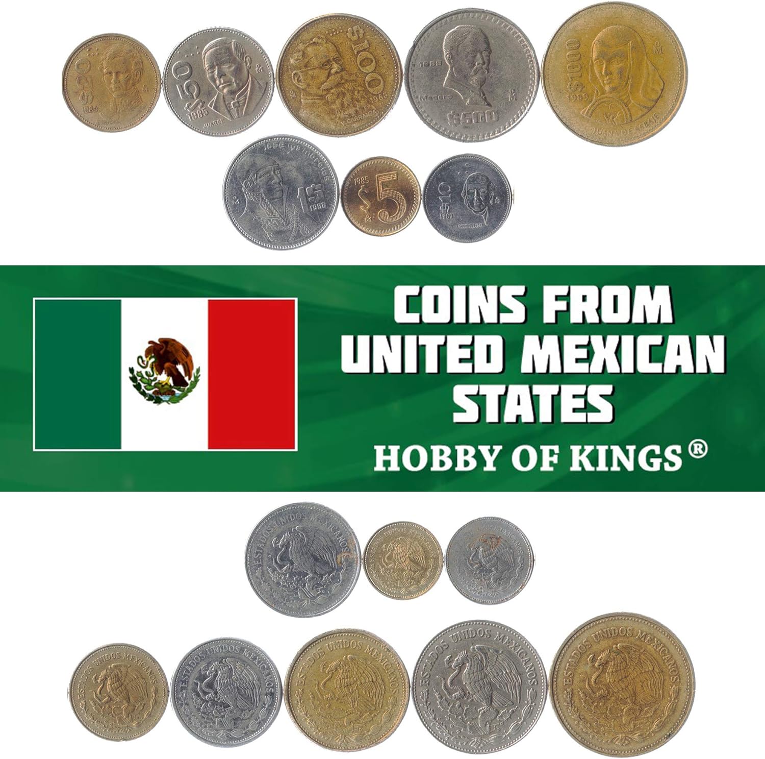 Set of 8 Coins from Mexico. 50, 100, 500 and 1000 PESOS. Mexican Currency 1984-1992