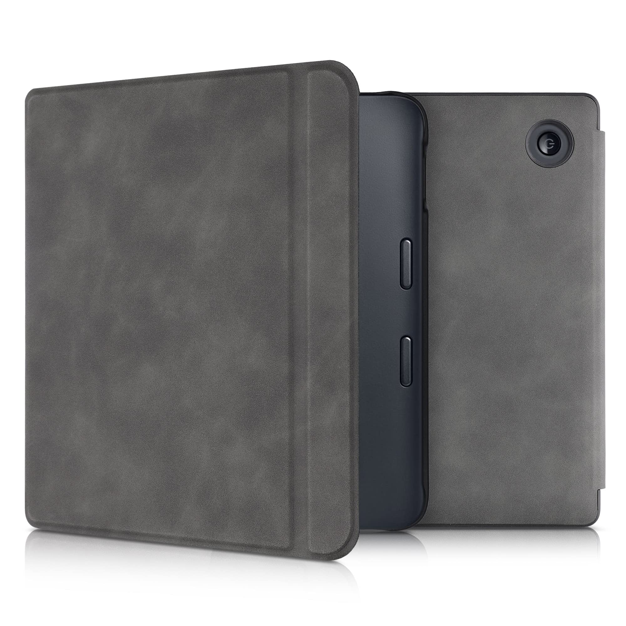 kwmobile Case Compatible with Kobo Libra 2 - PU Nubuck Leather Protective e-Reader Flip Case Cover - Dark Grey