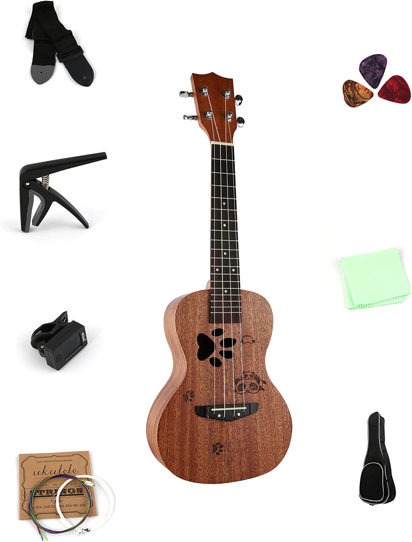 23 Inch Mahogany Concert Ukulele Panda Design Pack With Multi-Function Tuner,Thickness Carry Bag,Capo（For Ukulele And Guitar）,Aquila Backup Stings,3 Picks,Wipe Cloth