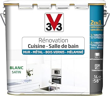 V33 Peinture Renovation Cuisine Salle De Bain Murs Metal Bois Vernis Melamine Blanc Satin 5l Amazon Fr Bricolage