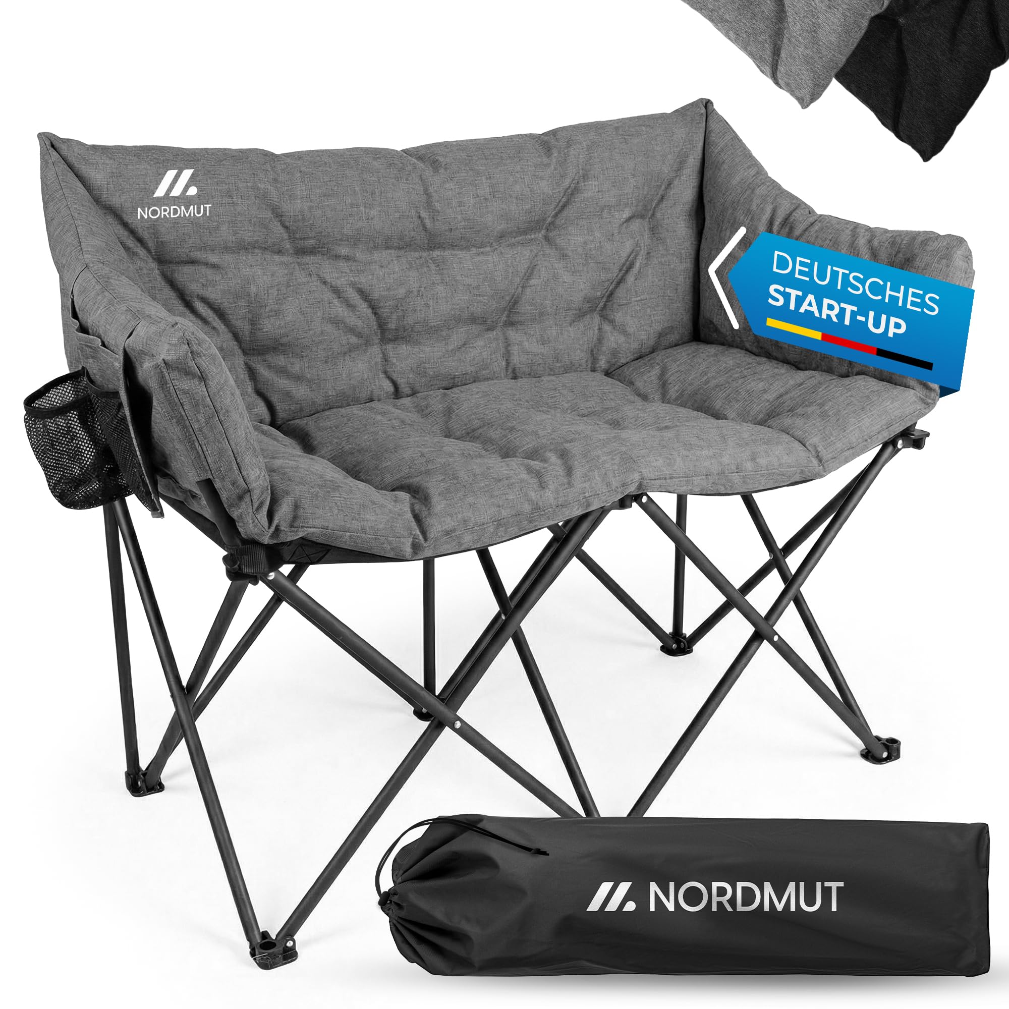 NORDMUT® Campingsofa faltbar für 2 Personen – stabile Camping Couch 320 kg belastbar – komfortabler Doppel Campingstuhl faltbar mit extra Dicker Polsterung (Aschgrau)