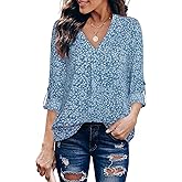 Youtalia Womens Blouses Dressy Casual Business Tops 3/4 Sleeve Chiffon V Neck Work Office Shirts