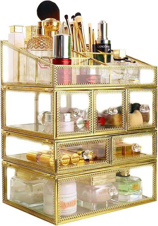 Amazon Com Minopigo Antique Spacious Mirror Glass 6drawers Vanity Tray Set Gold Metal Cosmetic Makeup Storage Stunning Jewelry Cube Organizer It Consists Of 4separate Organizers Dustproof Home Kitchen