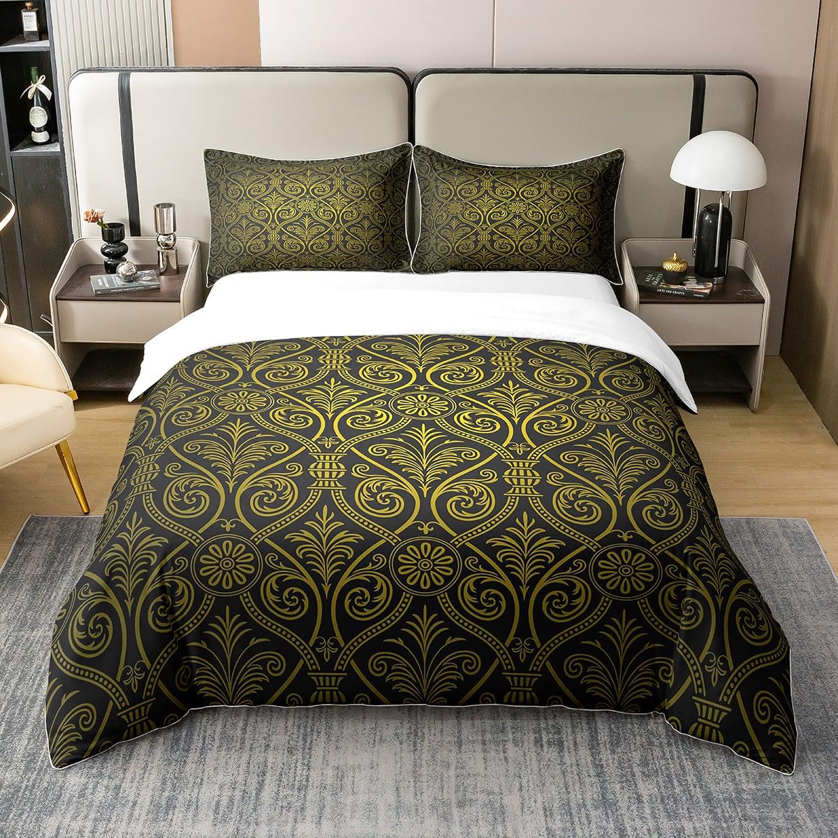 100% Cotton Vintage Damask Floral Duvet Cover King Antique Victorian Baroque Bedding Set for Kids Teen Adults Gold Black Ombre Gradient Comforter Cover Gothic Classical Floral Bedspread Cover
