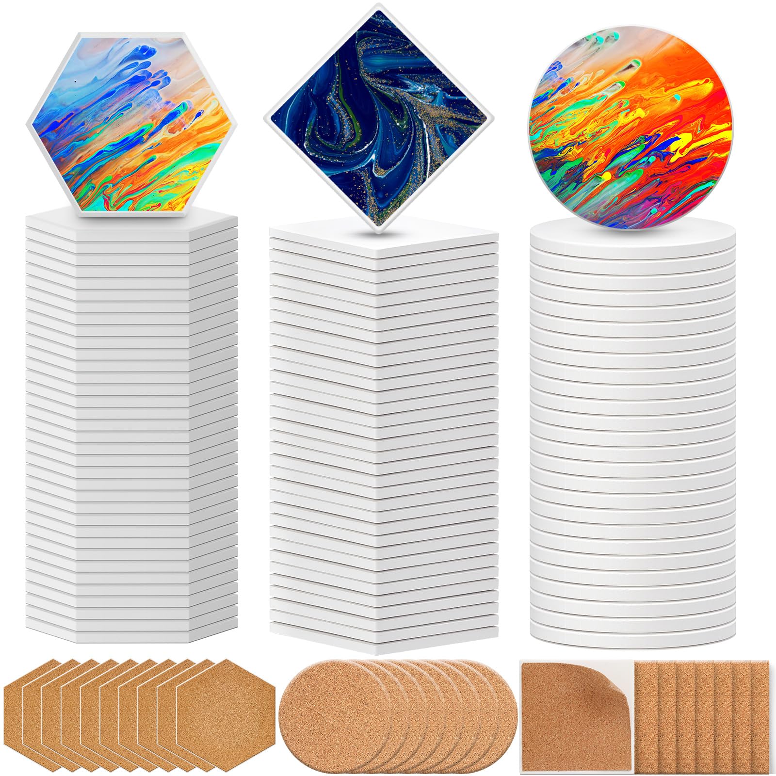 Photo 1 of Tioncy 72 Pieces Sublimation Coasters Blanks White Glazed Ceramic Coasters with Cork Backing Pads Heat Transfer for DIY Crafts Painting Home (Square Hexagon Round)