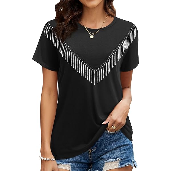 MakeMeChic Women's Fringe Tops Short Sleeve Tassel Trim Dressy
