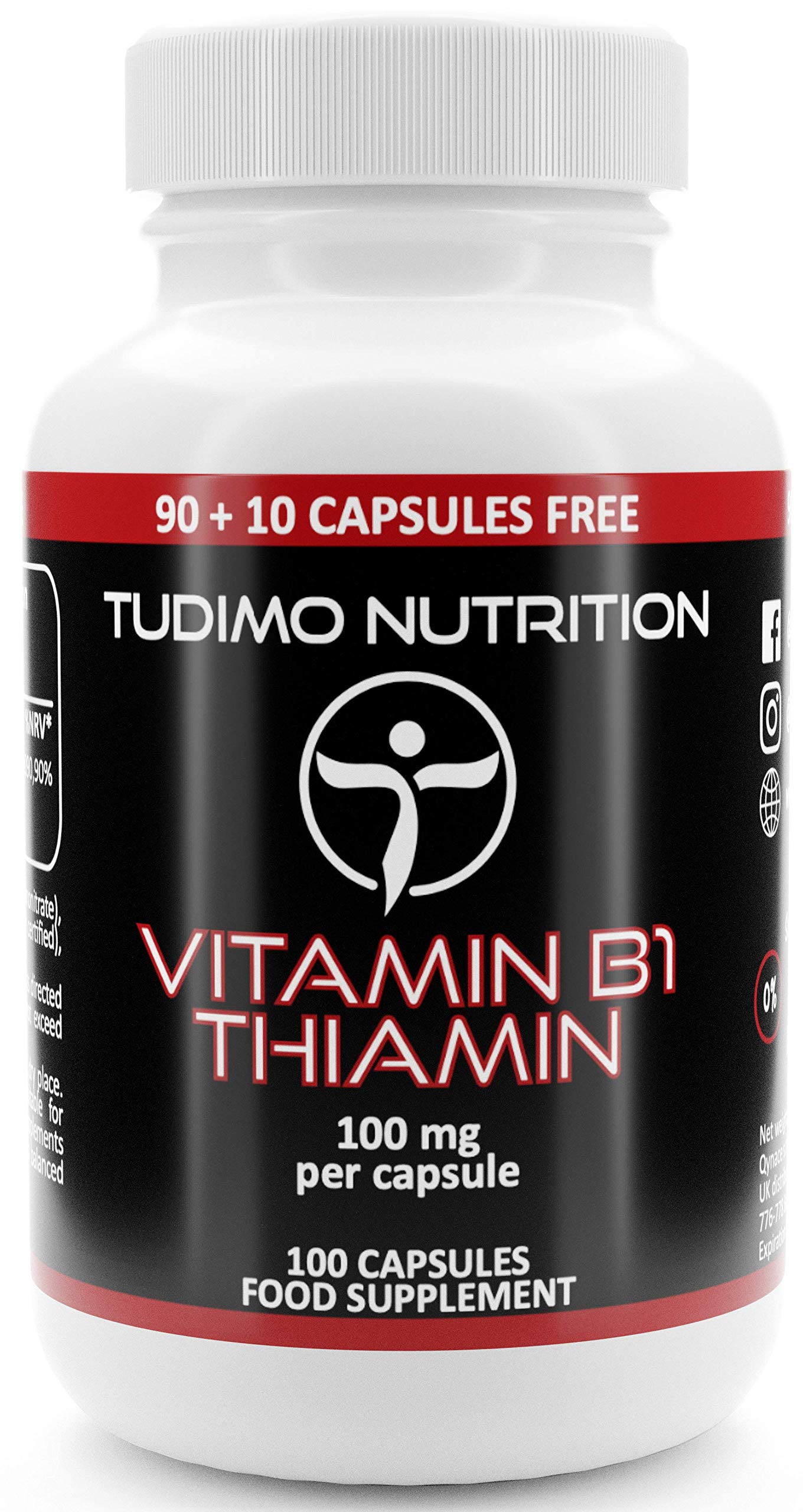 Thiamine Vitamin B1 100mg Capsules - 100 pcs (3+ Month Supply) of Rapidly Disintegrating Capsules, Each with 100 mg of Premium Quality Vit B1 Thiamin Mononitrate Powder
