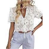 GORGLITTER Women's Floral Tie Front Short Sleeve Blouse Tops Dressy Casual Boho V Neck Eyelet Western Summer Crop Tops