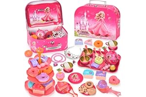 Lajeje Tea Party Set for Little Girls, Pretend Tin Teapot Set, Princess Tea Time Play Kitchen Toy with Cups, Plates and Accessories for Birthday Easter Gifts Kids Toddlers Age 3 4 5 6