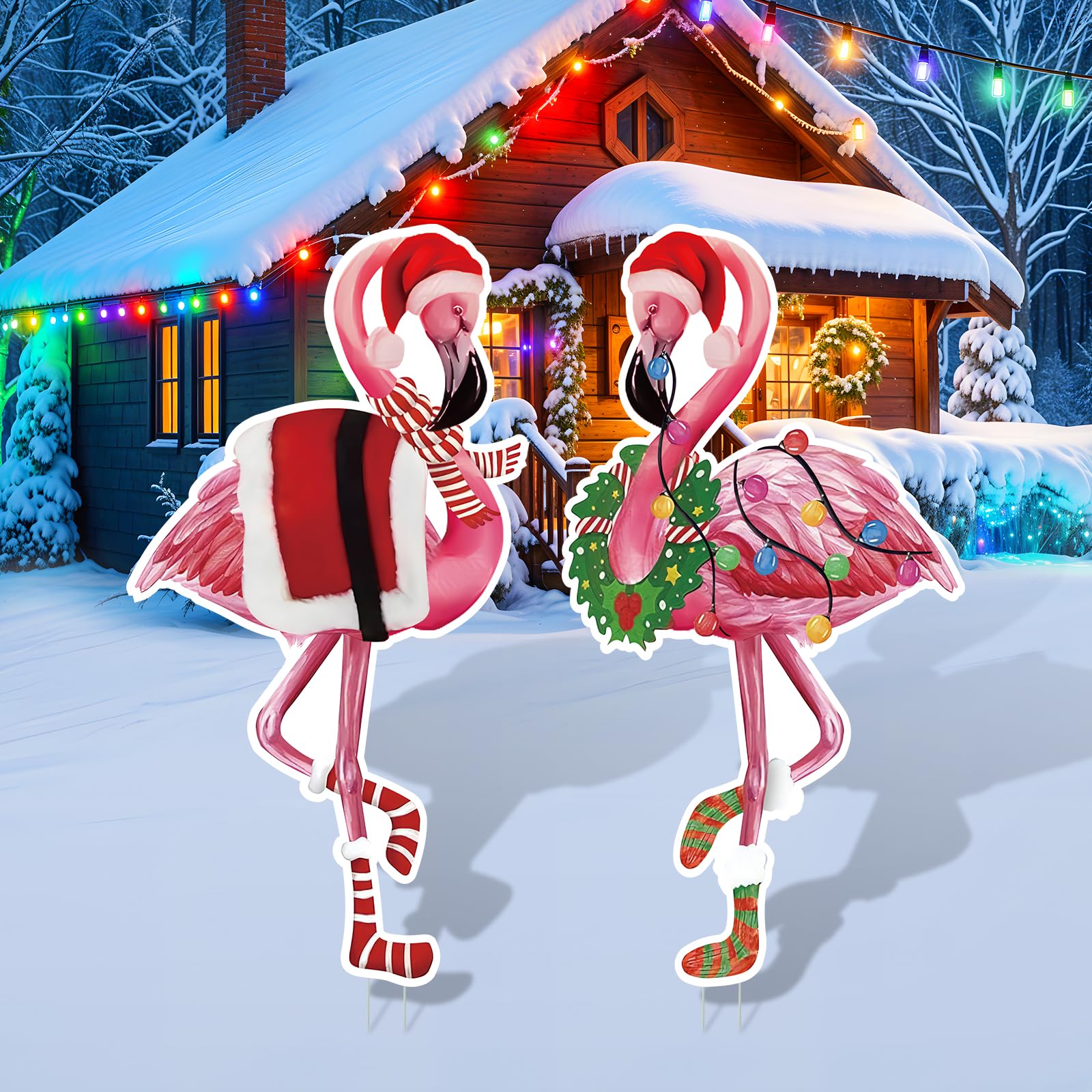 Photo 1 of 2 PCS Christmas Flamingo Yard Signs Decorations Pink Flamingo Lawn Sign Xmas Garden Stakes Ornaments for Tropical Beach Lawn Outdoor Home Christmas Party Supplies 27.5x14.5In