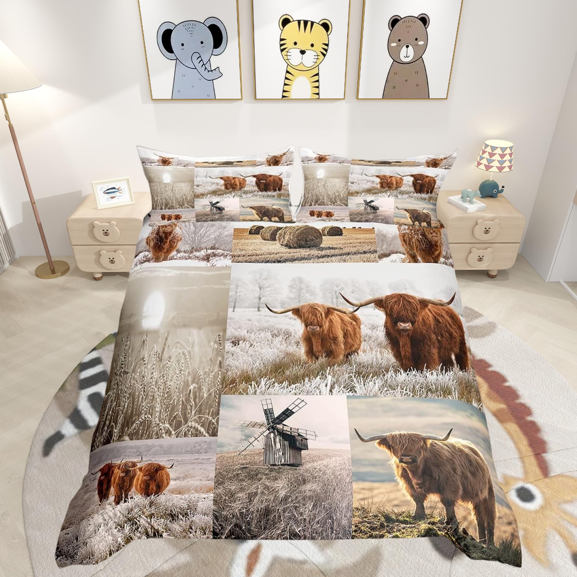 Loussiesd Highland Cattle Bedding Set Women Men Farm Highland Cow Duvet Cover for Boys Girls Bedroom Farmhouse Comforter Cover Set Windmill Cereals Farm Animal Quilt Cover Single Size