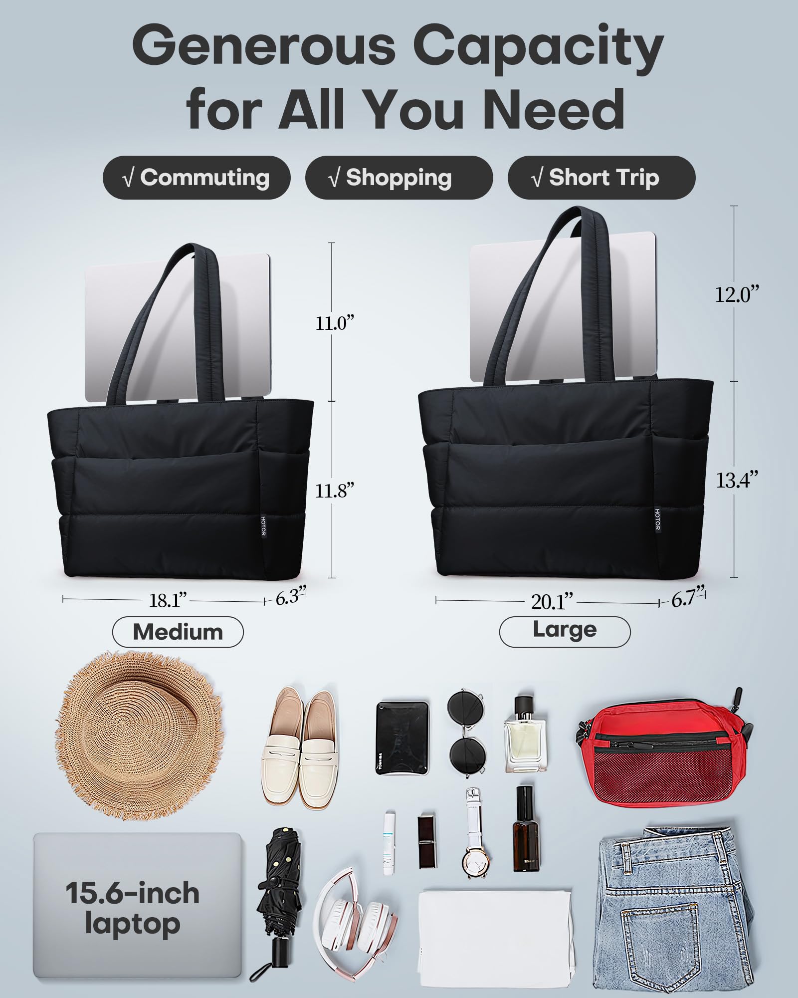 HOTOR Puffer Tote Bag for Women, Nurses - Multi-Pocket Lightweight Bag for Work - Quilted Handbag for Travel and Gym