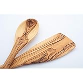 Handcrafted Olive Wood Cooking Spoon & Spatula (12 Inch Set of 2 Pieces) Carved by Talented Artists in Bethlehem, Practical Wooden Utensils Last for So Long, Resistant of Scratch