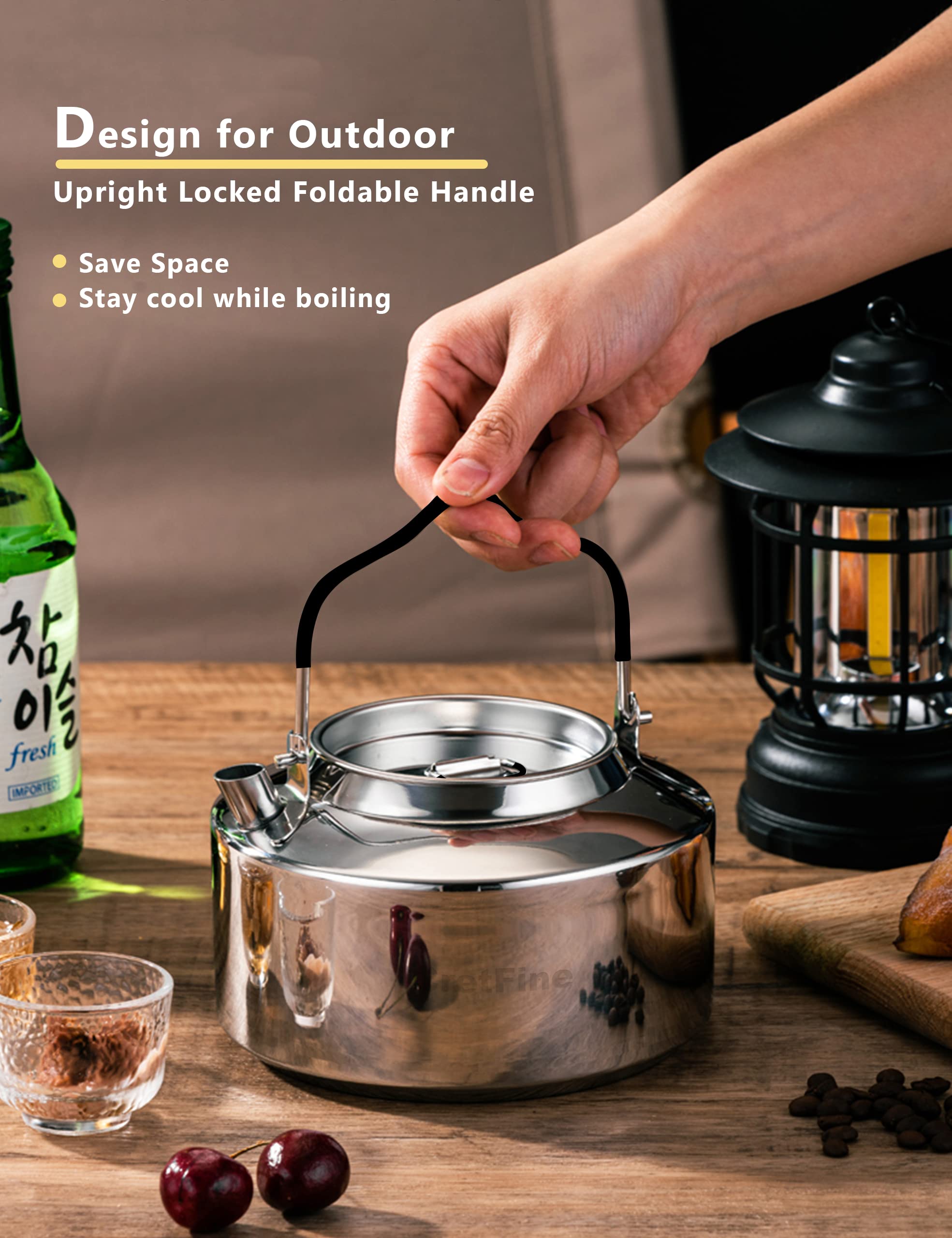 CretFine 304 Stainless Steel Camping Tea Kettle With Stackable Cups And