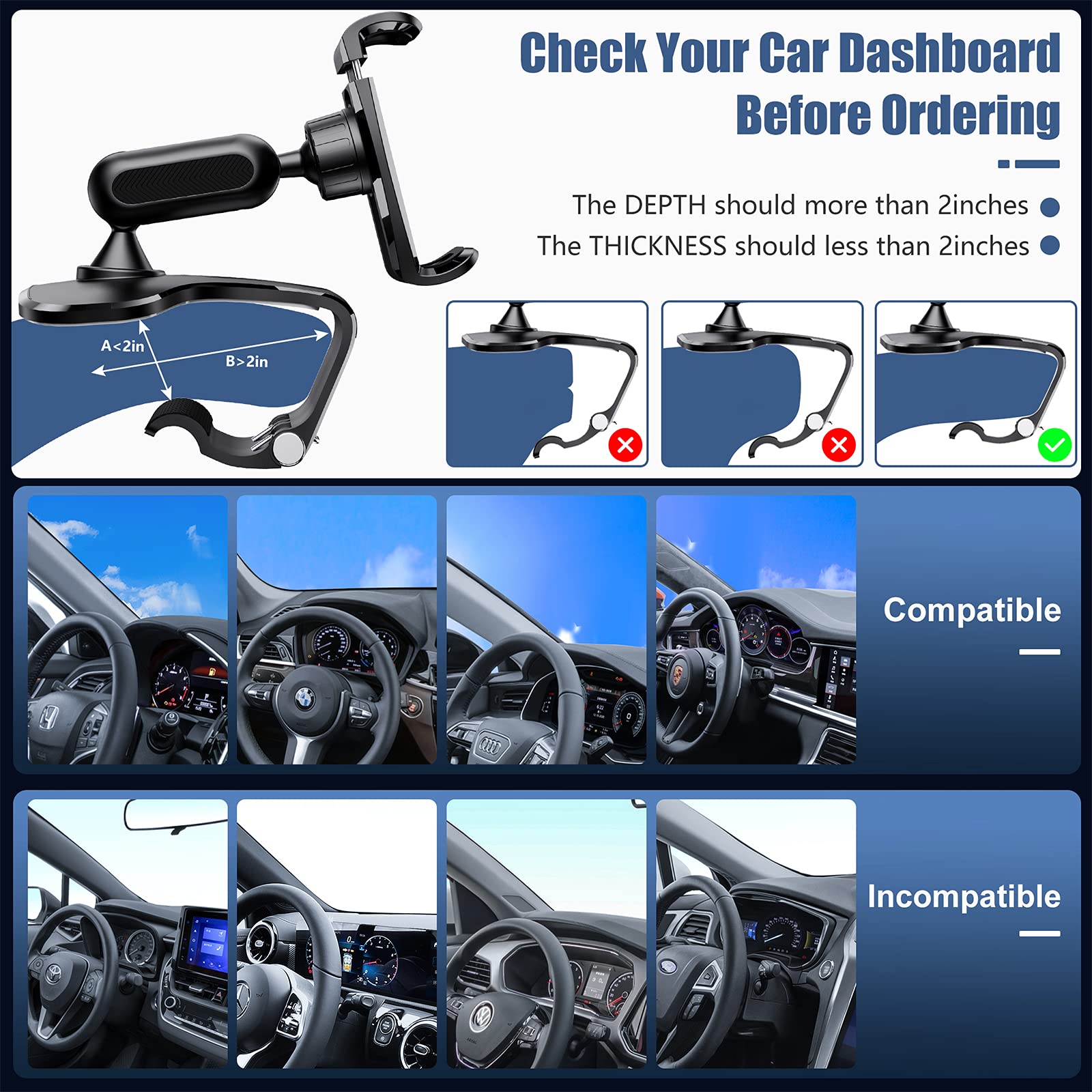 360 Degree Rotation Dashboard Cell Phone Holder for Car Clip Mount Stand Suitable for 4 to 7 inch Smartphones (Black)