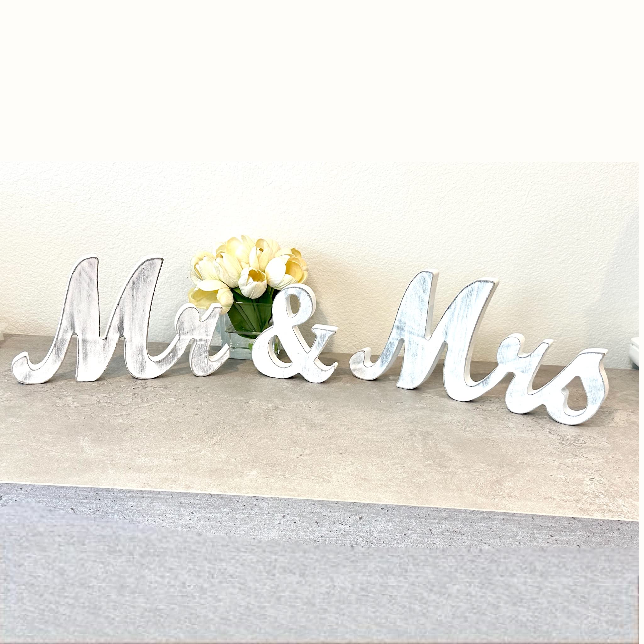 Photo 1 of Mr & Mrs Wood Sign Wedding Decorations For Bride & Groom Reception Head Table. Wooden Letters For Married Couple's Centerpiece, Engagement & Bridal Shower Party Or Wedding Cake Table. (Rustic White)