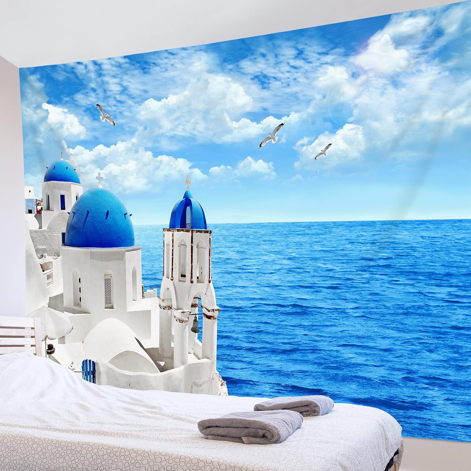 Amazon Co Jp Lb 自然風景 タペストリー 海と青空 ギリシャのサントリーニ島 おしゃれ壁掛け 装飾布 インテリア 装飾アート モダン 多機能 布ポスター お店 部屋や窓の飾り 個性ギフト 新居祝い 布製 横 150ｘ100cm ホーム キッチン