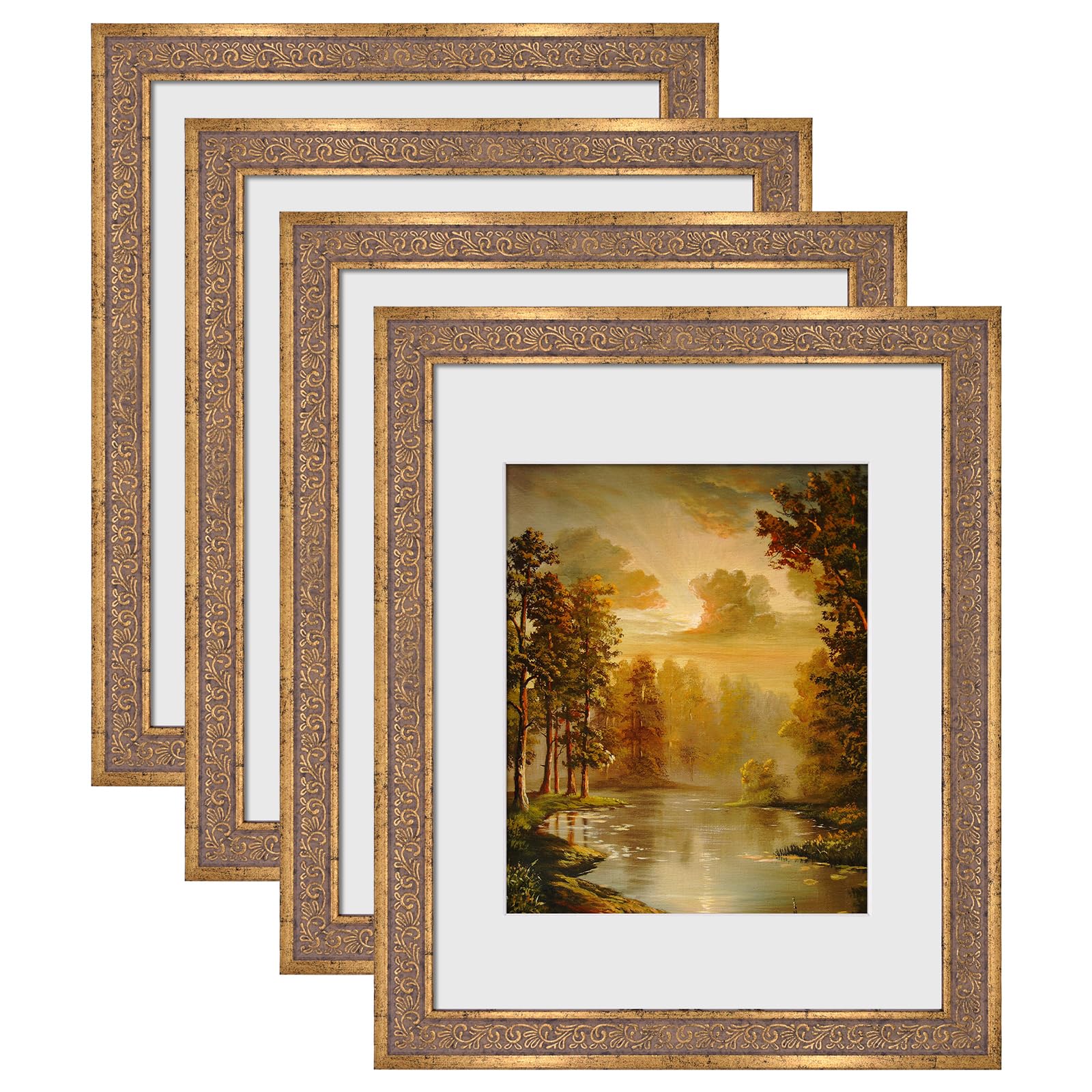 Photo 1 of BSRHOME 11x14 Vintage Picture Frames,Antique Frames with White Mat for 8x10 Picture,Ornate Picture Frames for Wall Decor, 4 Pack Gold Frames,Distressed Gold