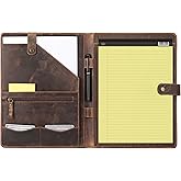 KomalC Leather Portfolio Folder with Luxury Pen and Button Closure | Business Padfolio for Professionals | Vintage Organizer with Legal Pad Holder & Card Slots (Distressed Tan)