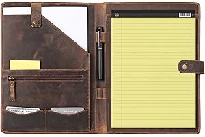 KomalC Leather Portfolio Folder with Button Closure | Business Padfolio for Professionals | Vintage Full-Grain Leather Organizer with Legal Pad Holder, Card Slots & Document Pockets (Distressed Tan)