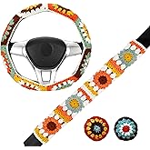 Crochet Steering Wheel Cover Set,Cute Steering Wheel Cover Boho 14-15 in,Handmade Sunflower Granny Square Decor for Women,Hippie Car Accessories (Wheel Cover Set)
