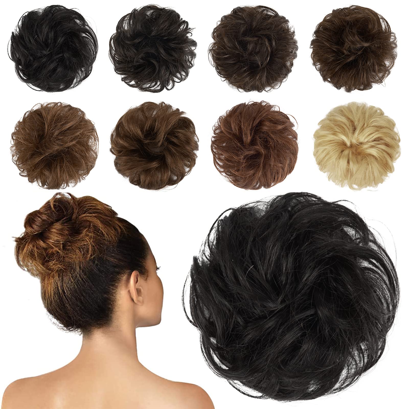 Photo 1 of FESHFEN Human Messy Buns - 100% Human Hair Bun Real Scrunchies Hair Pieces Ponytail Extensions Wavy Tousled Updo Chignon Hairpieces for Women, Natural Black