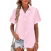 Zeagoo Women Linen Button Down Shirts Short Sleeve Blouse Business Casual Tops Dressy Summer Outfits