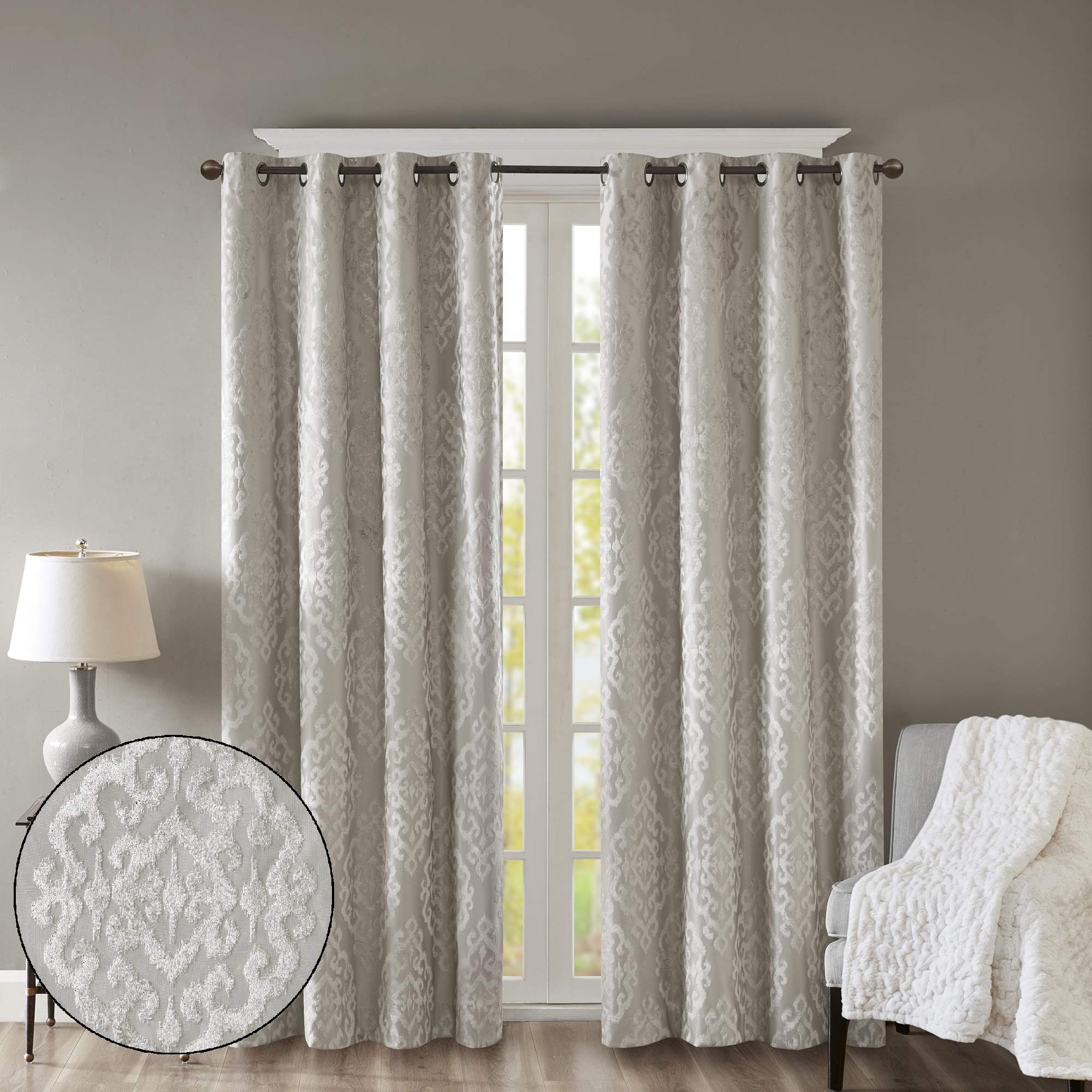 Sun SmartMirage 100% Total Blackout Single Window Curtain, Knitted Jacquard Damask Room Darkening Curtain Panel with Grommet Top, 50 x 95 in, SilverOEKO-TEX STANDARD 100