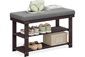 SONGMICS Bamboo Shoe Bench, 3-Tier Shoe Rack Organizer for Entryway, Living Room, Bench Seat Holds Up to 300 lb, 11.9 x 28.3 x 19.2 Inches, Rustic Walnut and Slate Gray ULBS604CG