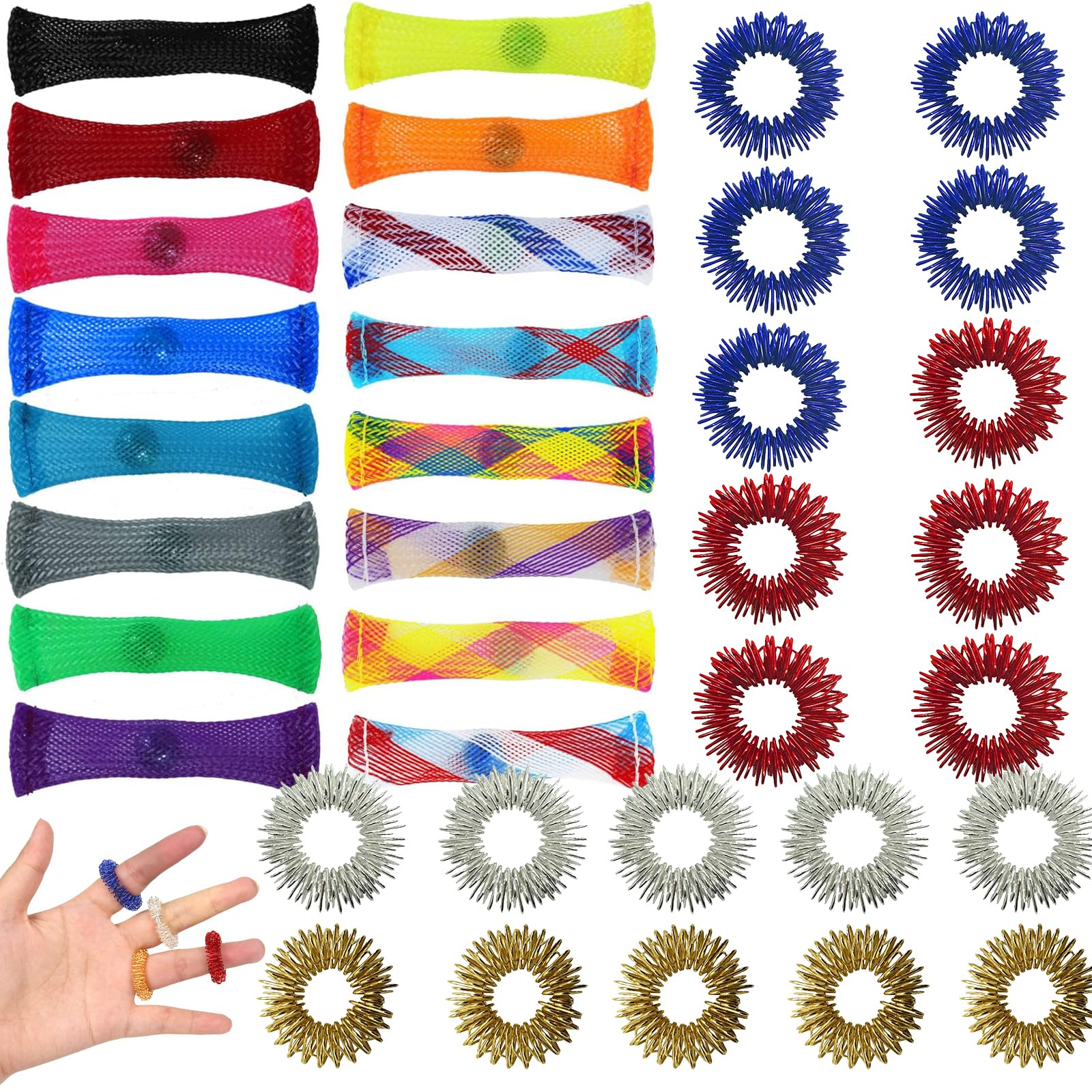 DALAETUS 36 Pcs Woven Mesh Tube with Marble Toys Set, Fidget Toys with Stress Relief Finger Massage Ring, Sensory Toys for Children, Anxiety, Soothe ADHD, Reduce Irritability,(NO)