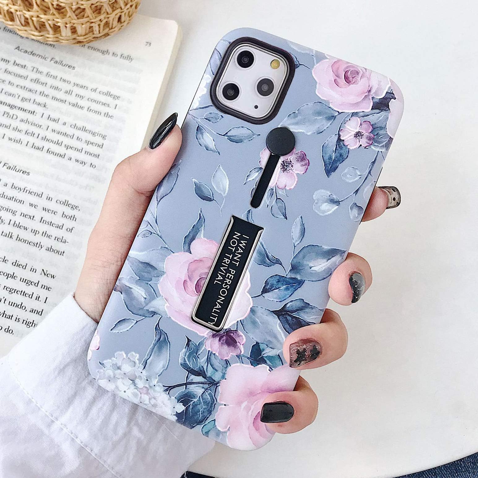 iPhone 11 Pro Max Case Finger Grip,3D Embossed Pink Flowers Gray shell Design,Rugged Shockproof Slim Fit Dual Layer Finger Ring Loop Strap Case,Invisible bracket phone case for iPhone 11 Pro Max