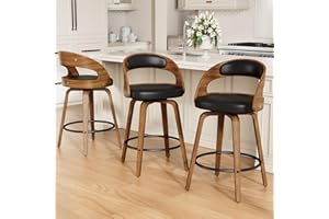 REONEY Swivel Bar Stools Set of 3, 26" Counter Height Bentwood Barstool, Mid-Century Modern PU Leather Upholstered Bar Chair with Back and Footrest, for Kitchen Island, Bar, Cafe, Dining Room, Black