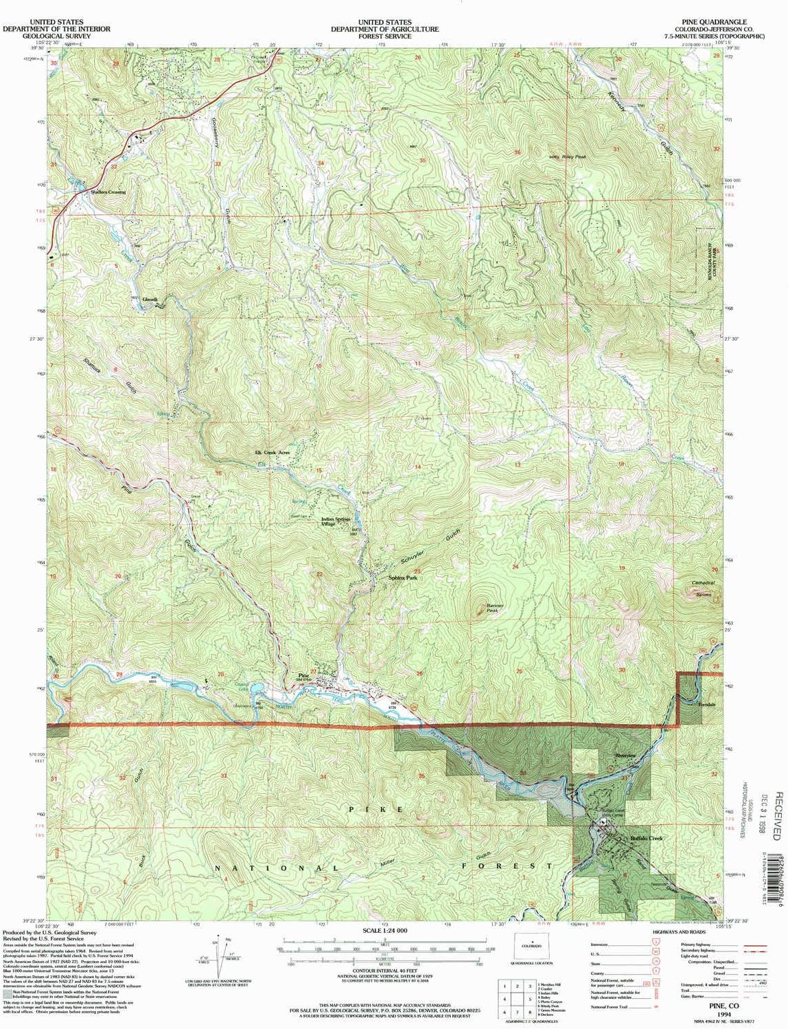 YellowMaps Pine CO topo map, 1:24000 Scale, 7.5 X 7.5 Minute, Historical, 1994, Updated 1998, 26.7 x 21.4 in