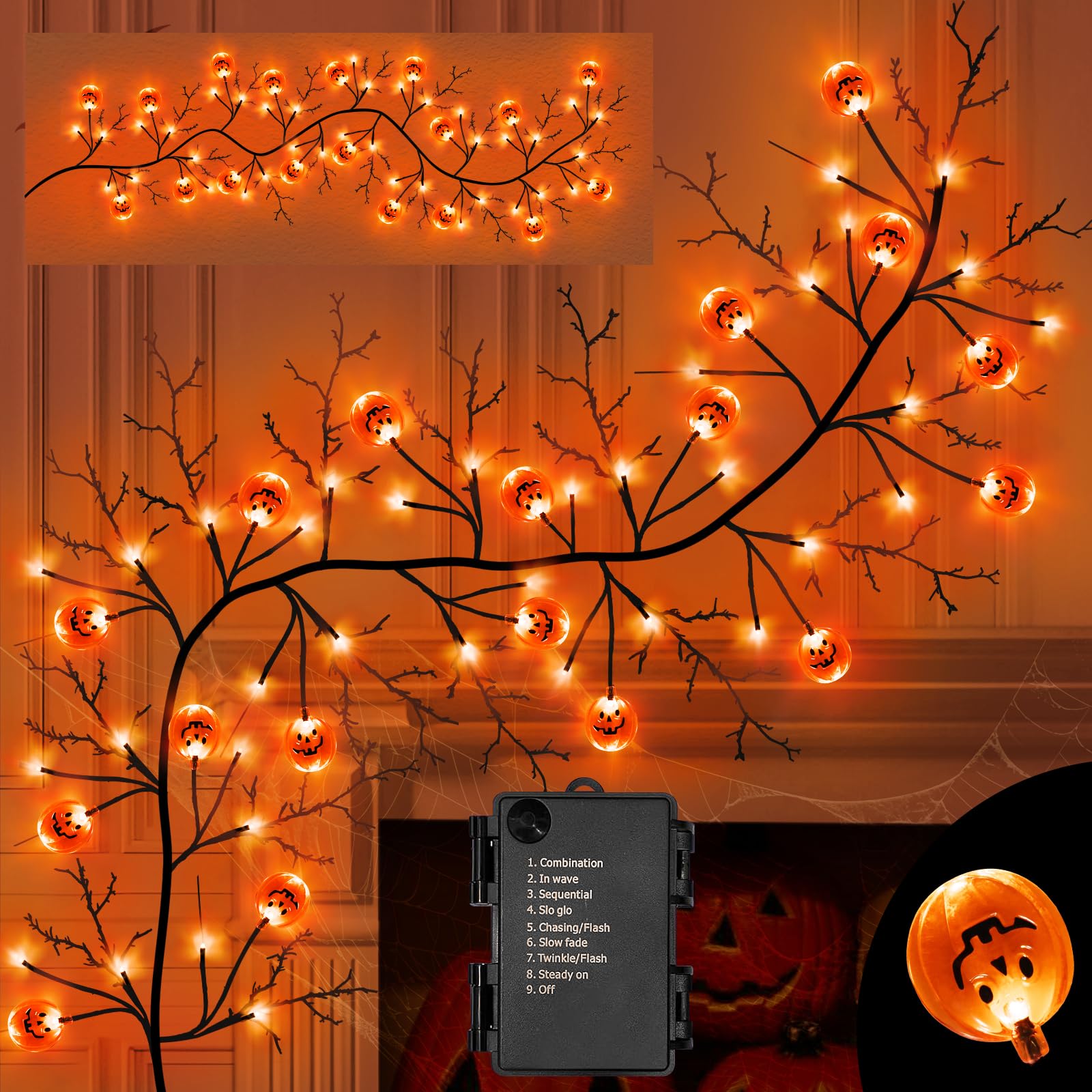 Photo 1 of 6 FT 54 LED Halloween Willow Vine Twig Garland with Timer & 8 Modes Orange Lights &18Pumpkin,Battery Operated Halloween Garland for Mantel Table Wall Indoor Decorations