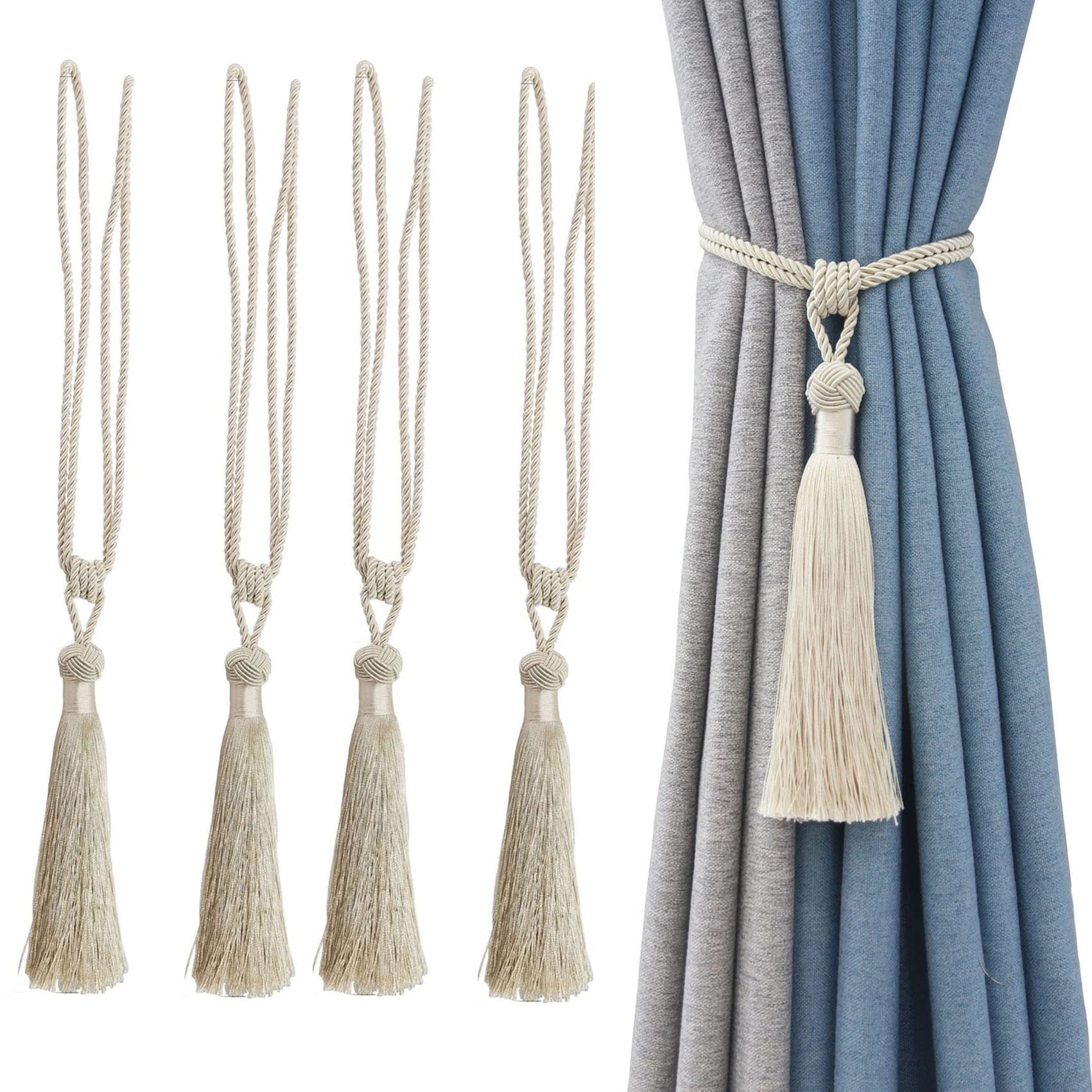 Curtain Tiebacks Handmade Rope Tassel Tie Backs Holdbacks Curtains Liner Ties for Office Home Decorative Drapery Set of 4 (Beige, 4)