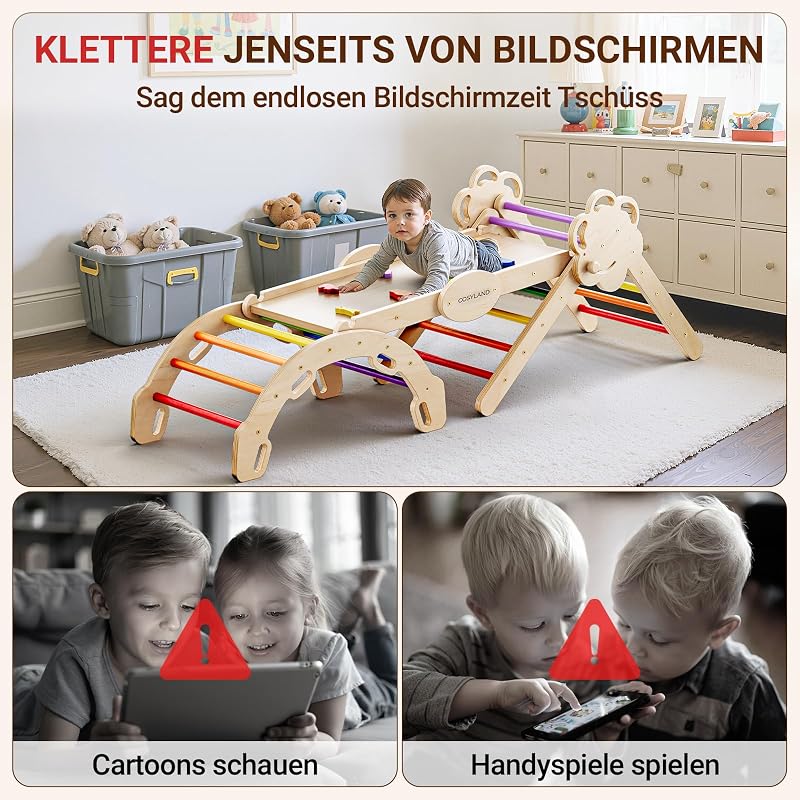 8-in-1 Klettergerüst Indoor, Kletterdreieck mit Bogen Und Rutsche