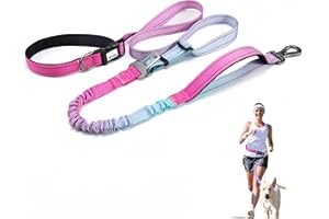 JETOG Heavy Duty Hands Free Dog Leash, 4-6 FT Reflective Adjustable Waist Dog Leash Belt with Padded Handles, Shock Absorbing Bungee and Car Seat Belt for Large Medium Dogs (Gradient Pink, L)