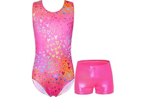 Domusgo Girls Gymnastics Leotards Set One Piece Sleeveless Tumbling Outfits with Matching Shorts