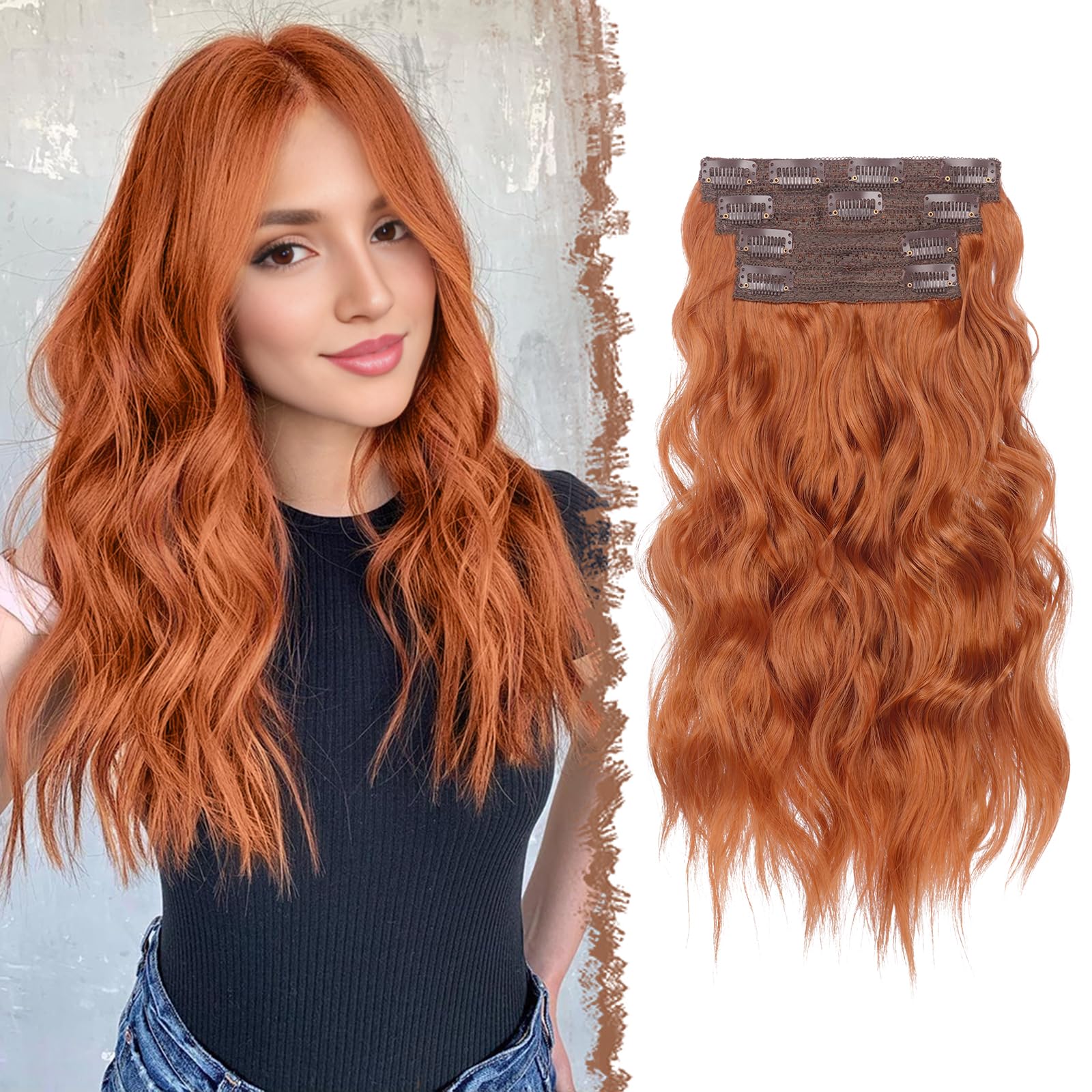 FESHFEN Clip in Hair Extensions 4PCs Long Wavy Thick Hair Piece Highlighted Full Head Synthetic Natural Curly Copper Red Extension for Women, 16 Inch โ image 1