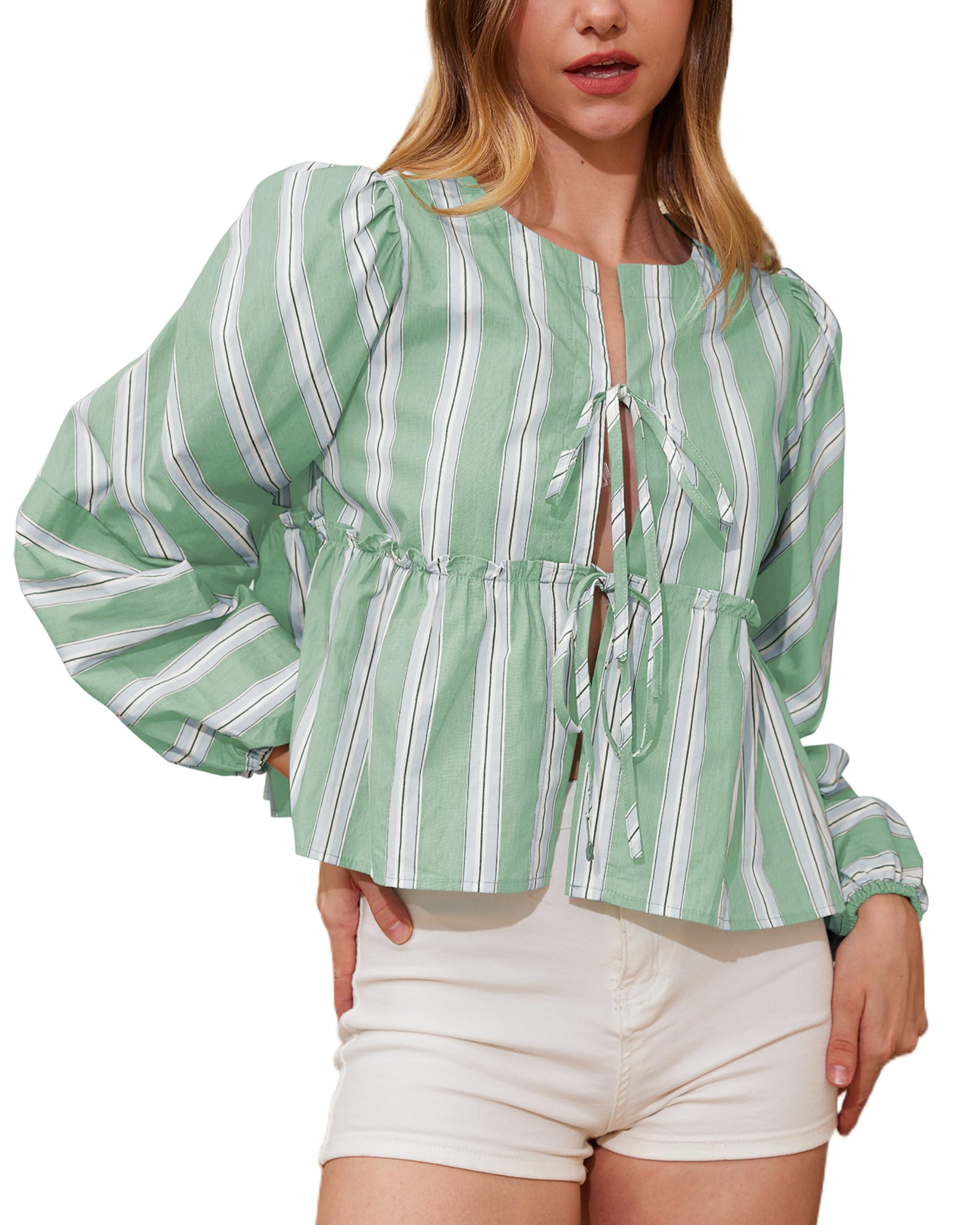 MSBESYOR Women Y2K Peplum Bow Tie Front Striped Shirts Cute Ruffle Hem ...