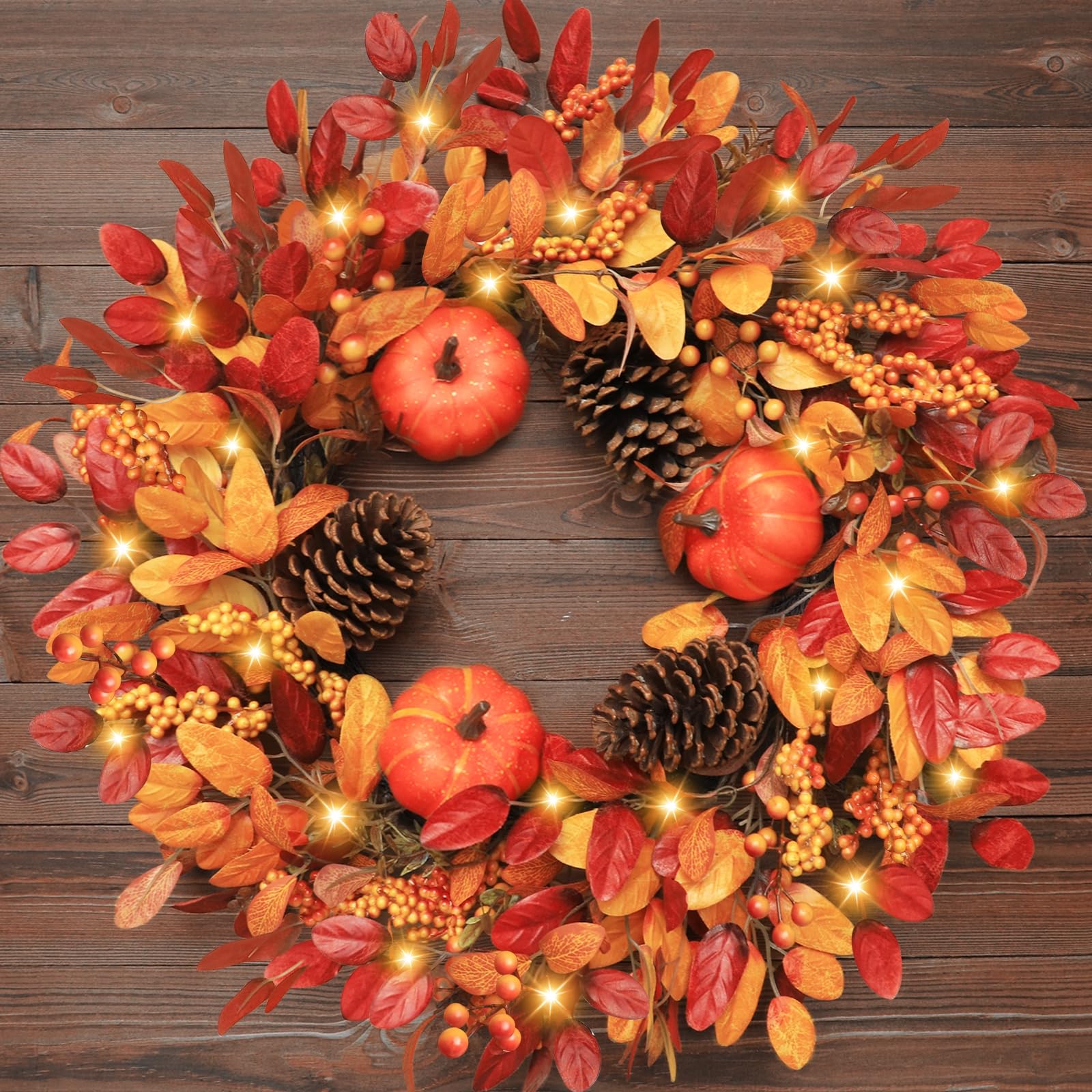 Photo 1 of 26 Inch Large Foldable Fall Wreath for Front Door with Lights & Timer, Autumn Pumpkin Wreaths Eucalyptus Leaves Pinecones Berries for Porch Outdoor Indoor Thanksgiving Decorations Outdoor Indoor Decor