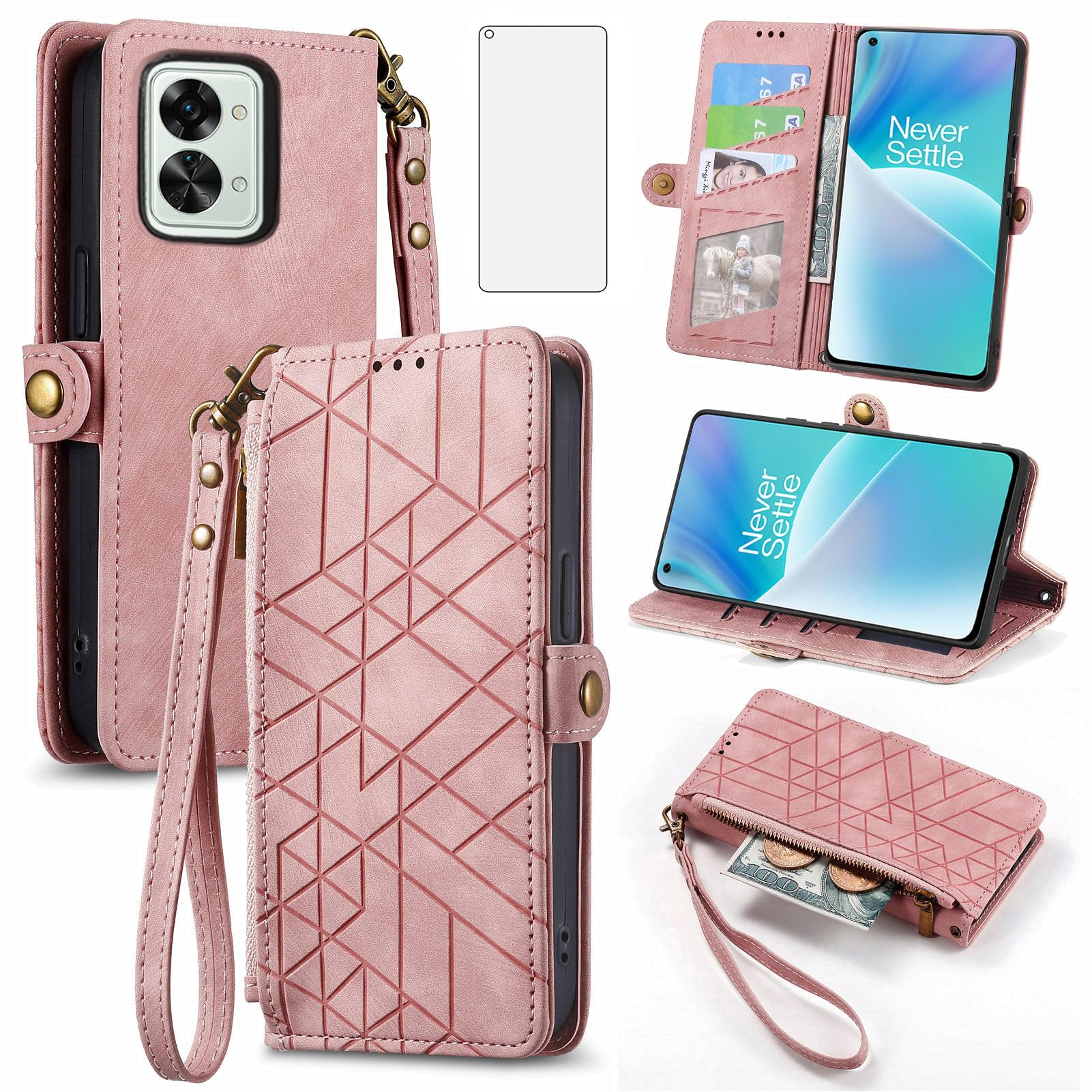 Asuwish Phone Case for OnePlus Nord 2T 5G Wallet Cover with Tempered Glass Screen Protector and Flip Zipper Credit Card Holder Stand Cell One Plus On 1 Plus 1plus One+ 1+ Nord2T T2 Women Men Pink